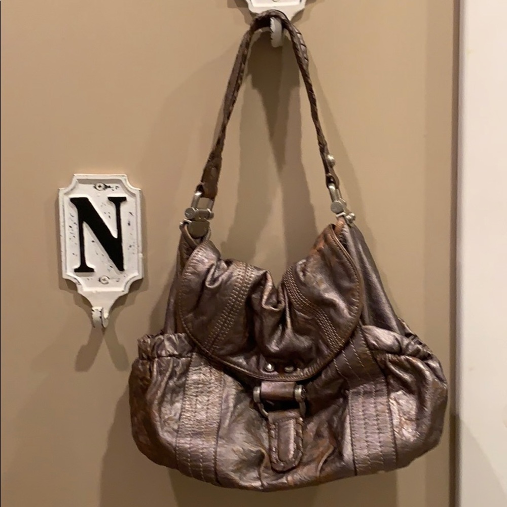 B Makowsky metallic gold and brown leather bag